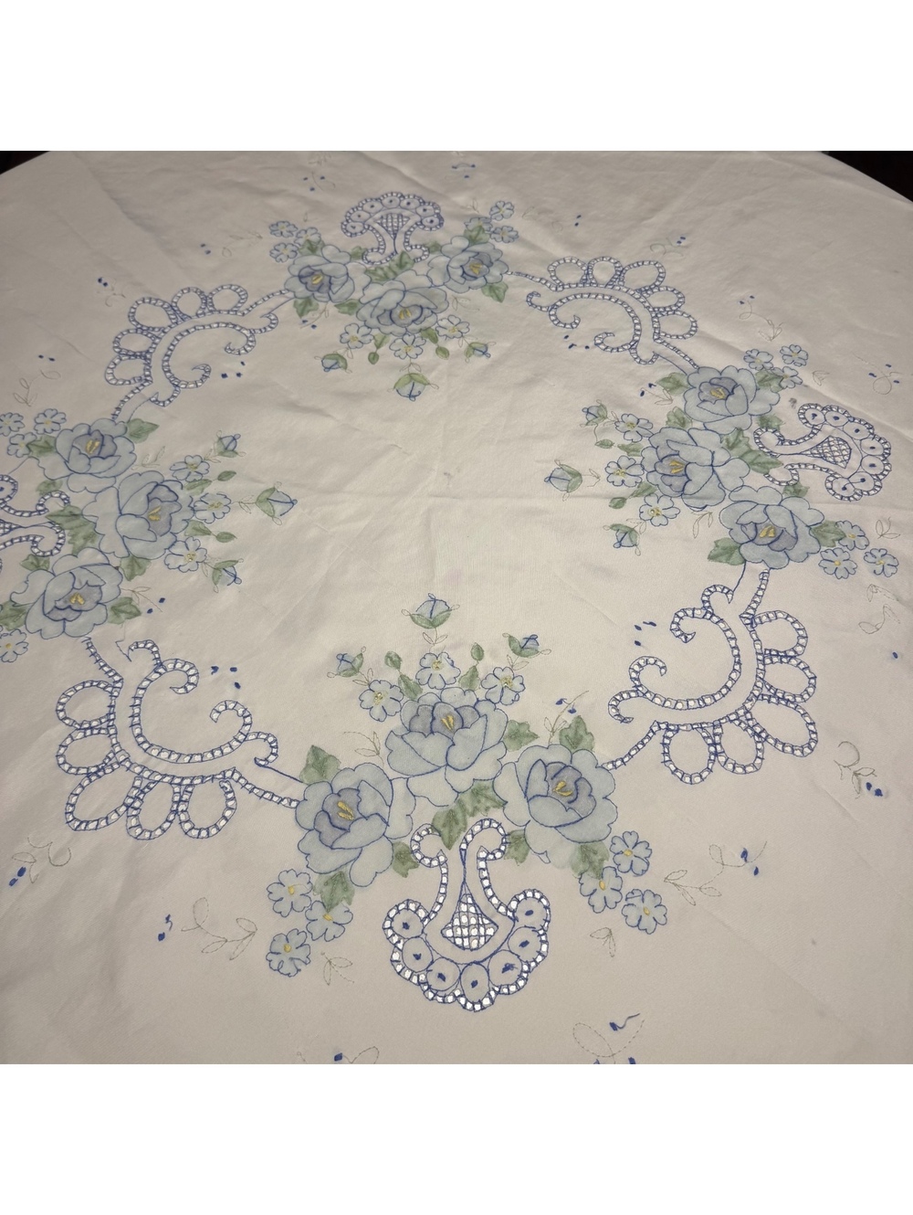 Vintage 68 Inch Round Tablecloth Blue Floral Embroidery Lace Trim - Picture 5 of 9